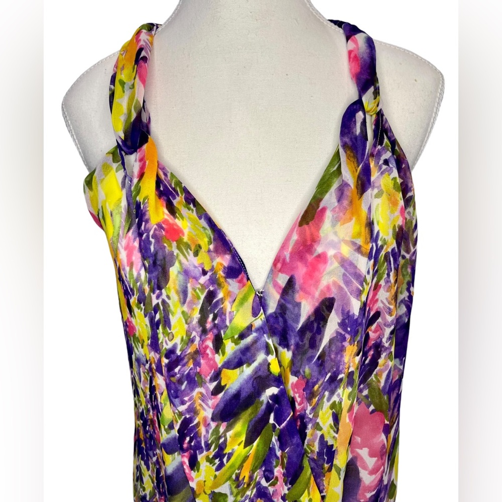CAbi Petal Watercolor Chiffon Wrap Tank Top Blouse Purple Pink Size Small